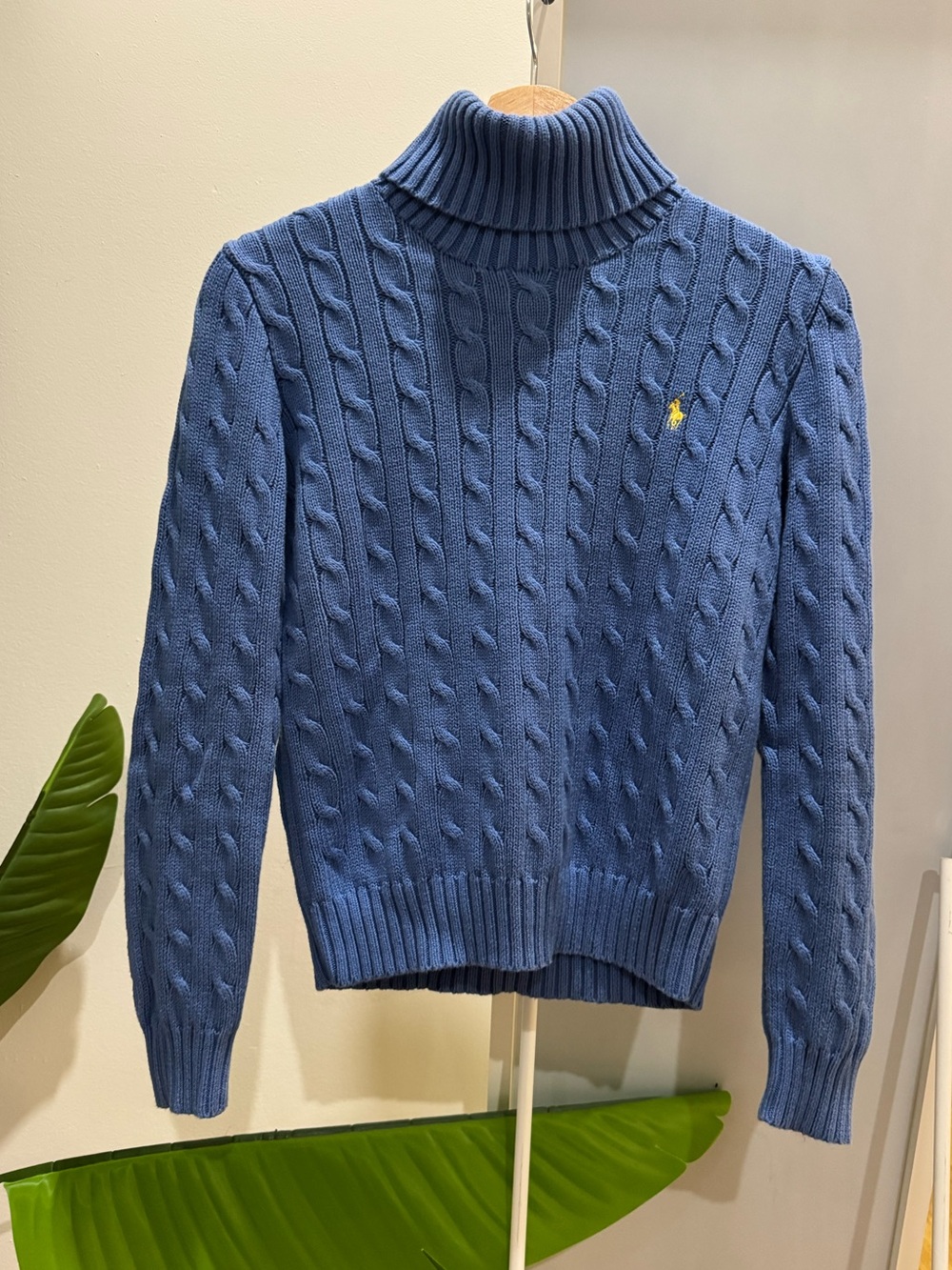 Ralph Lauren Blue Cable Knit Turtleneck Sweater w/ Yellow Pony - Picture 10 of 10